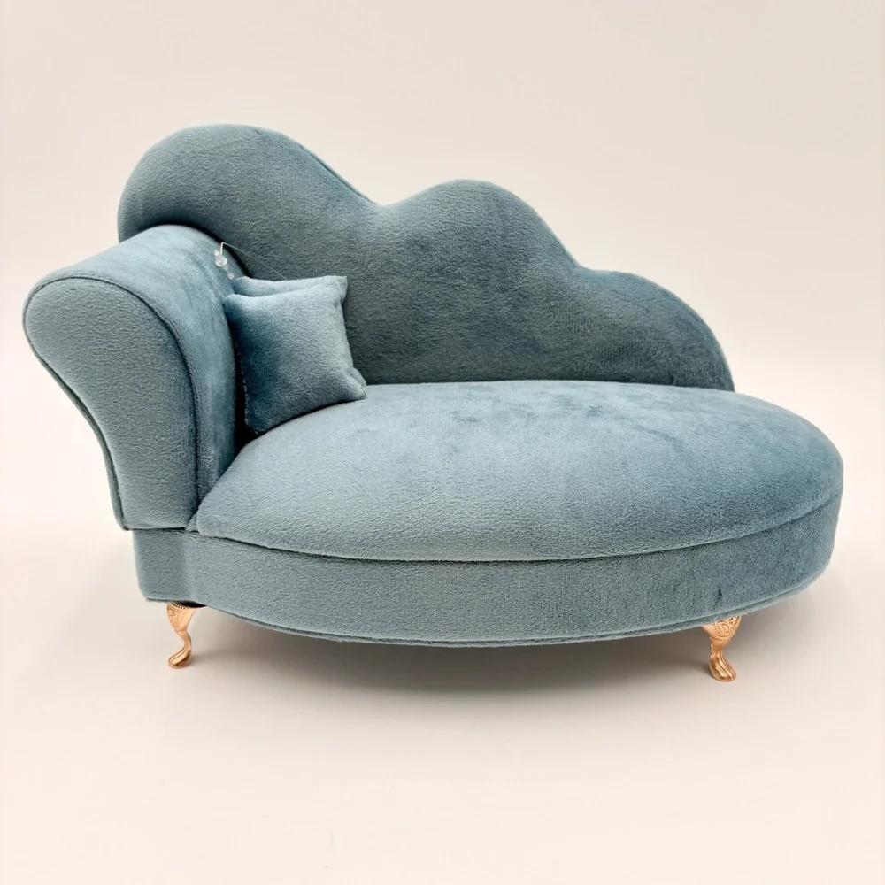 Blue Velvet Miniature Chaise Lounge Jewelry Box Mirror Ring Organizer Rose Gold